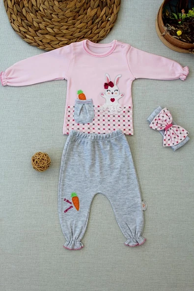 Lenaca 3-6 9-12 12-18 Ay Havuç Tavşan Nakışlı Bandanalı Cepli Uzun Kollu Sweatli 3lü Kız Bebek Tak ürün görseli 1