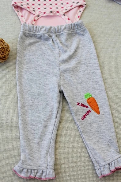 Lenaca 3-6 9-12 12-18 Ay Havuç Tavşan Nakışlı Bandanalı Uzun Kollu Zıbınlı 3lü Kız Bebek Tak - Resim 3