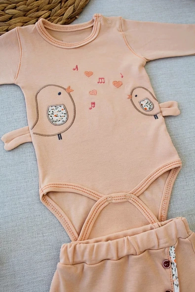 Lenaca 3-6 6-9 9-12 Ay Şarkıcı Kuşlar Nakışlı Bandanalı Uzun Kollu Zıbınlı 3lü Kız Bebek Takımı - Resim 2