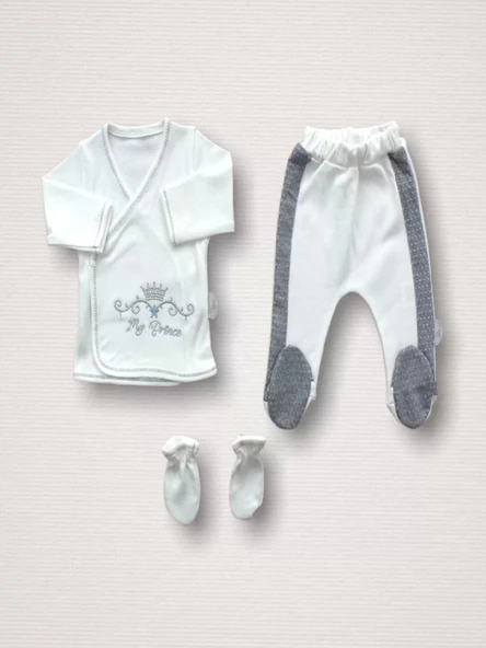 Lenaca Süper Prens Nakışlı %100 Cotton Antibakteriyel 10lu Zıbın Takımı Hastane Çıkışı - Resim 3