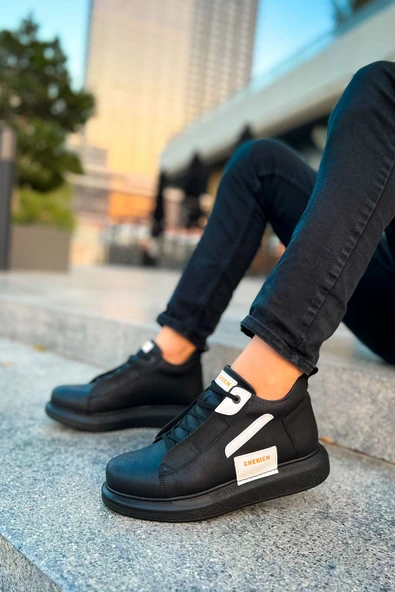 Pabucmarketi Bağcıklı Erkek Sneaker Bot Siyah Beyaz - Resim 3