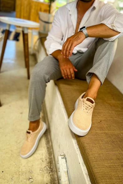 Pabucmarketi Bağcıklı Kadife Kumaş Erkek Günlük Ayakkabı Bej - Resim 4