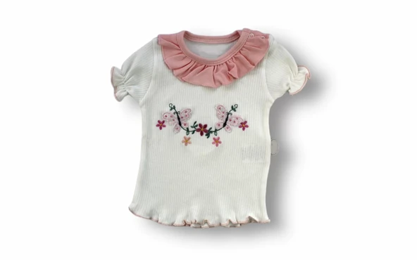 Lenaca 6-9 9-12 12-18 Ay Çiçek Nakışlı Roman Şalvar Bandanalı Kısa Kollu Sweat 3lü Kız Bebek Takımı - Resim 2