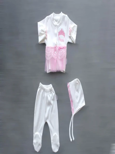 Lenaca Taçlı Prensesim Nakışlı %100 Cotton Antibakteriyel 10lu Zıbın Takımı Hastane Çıkışı - 4
