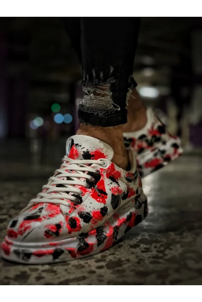 Pabucmarketi Bağcıklı Baskılı Erkek Spor Ayakkabı Beyaz Kırmızı Siyah - 2