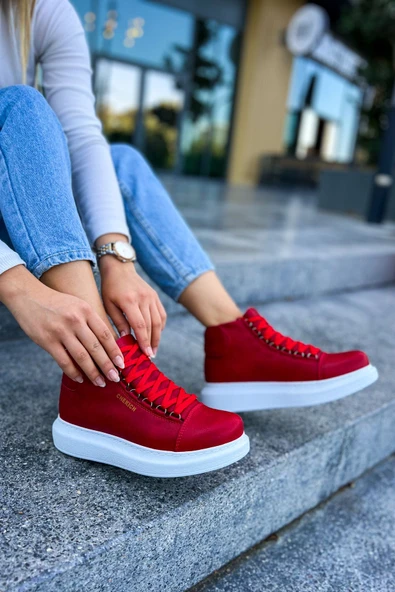 Pabucmarketi Bağcıklı Kadın Sneaker Bot Kırmızı