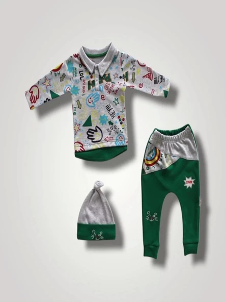 Lenaca 6-9 12-18 18-24 Ay Power Kedi Nakışlı Uzun Kollu Sweat Şapkalı 3lü Kız Erkek Bebek Takımı ürün görseli 1