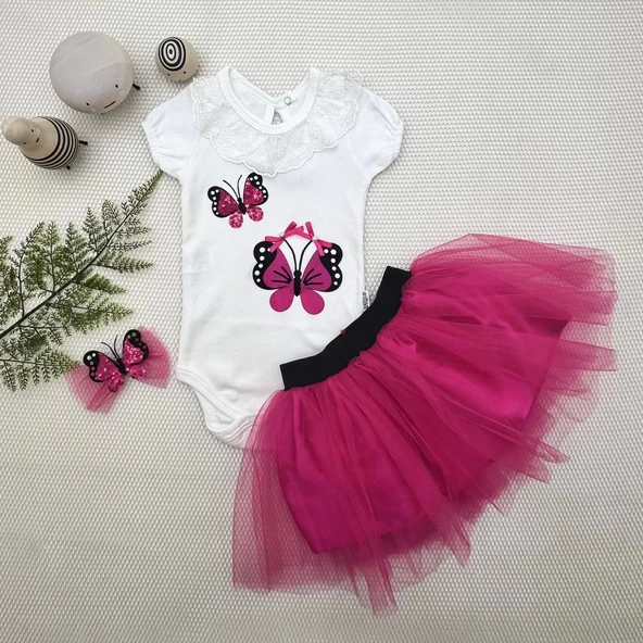 Lenaca 9-12-18 Ay Payetli Kelebek Nakışlı Taçlı Kısa Kollu Tütü Etek 3lü Kız Bebek Takımı ürün görseli 1