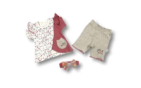 Lenaca 3-6 6-9 9-12 Ay Melek Kız Nakışlı Bandanalı Kısa Kollu Sweatli Şortlu 3lü Kız Bebek Takımı ürün görseli 1