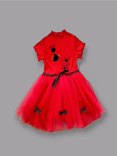 Lenaca 1-2-3 Yaş Uğur Böceği Nakışlı Kurdela Kuşak Kız Çocuk Elbisesi ürün görseli 1