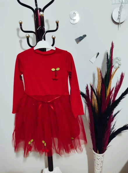 Lenaca 5-6-7 Yaş Kiraz Desenli Kurdela Kuşaklı Astarlı Uzun Kollu Kız Çocuk Tütü Elbise - 3