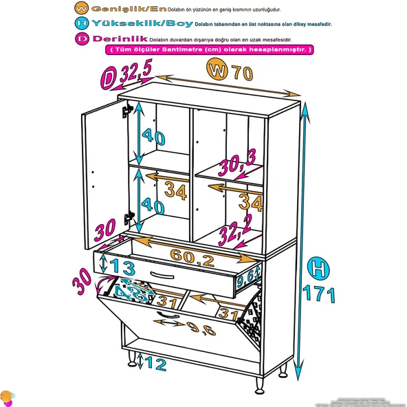 Modilayn AFRA 70x173x32,5cm 1 Çekmece, 2 Göz Sepet, 1 Kapak, 4 Raf Dar Alan Banyo Dolabı - 4