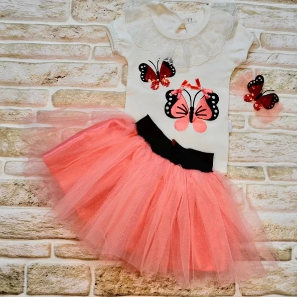 Lenaca 9-12-18 Ay Payetli Kelebek Nakışlı Taçlı Kısa Kollu Tütü Etek 3lü Kız Bebek Takımı - Resim 2