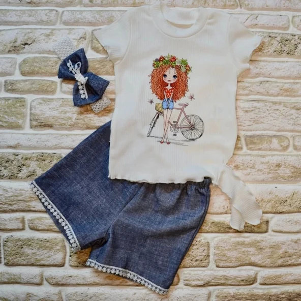 Lenaca 1-2-3 Yaş Bisikletli Kız Baskılı Bandanalı Kot Desenli Şort Kısa Kollu Tişört 3lü Kız Bebek Takımı - Resim 2
