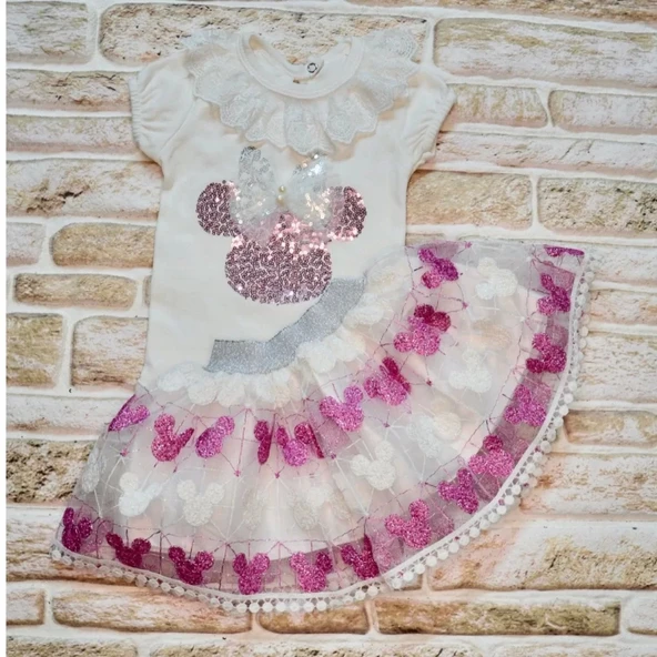 Lenaca 1-2-3 Yaş Payetli  Nakışlı  Kısa Kollu Brode Etekli 2li Kız Bebek Takımı - Resim 2