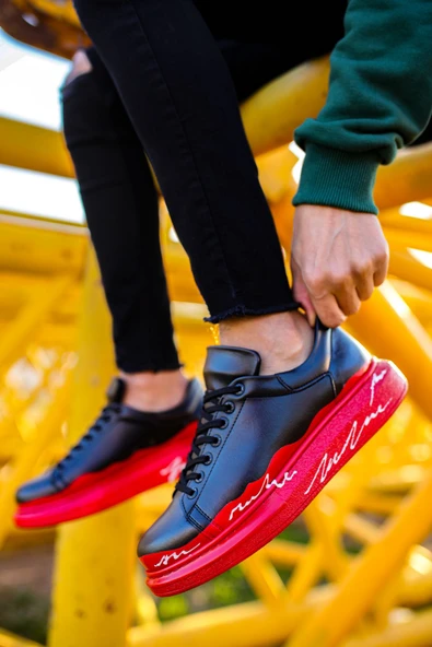 Pabucmarketi Bağcıklı Baskılı Erkek Spor Ayakkabı Kırmızı Beyaz Taban - Resim 4