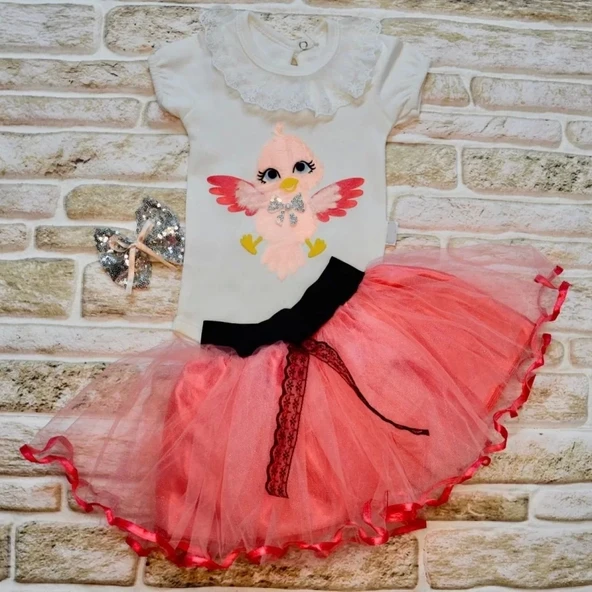 Lenaca 9-12-18 Ay Toka Hediyeli Kuş Desenli Tişört Tütü Etek 2li Kız Bebek Takımı ürün görseli 1