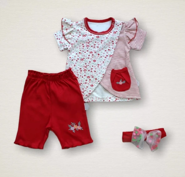Lenaca 3-6 6-9 9-12 Ay Melek Kız Nakışlı Bandanalı Kısa Kollu Sweatli Şortlu 3lü Kız Bebek Takımı ürün görseli 1