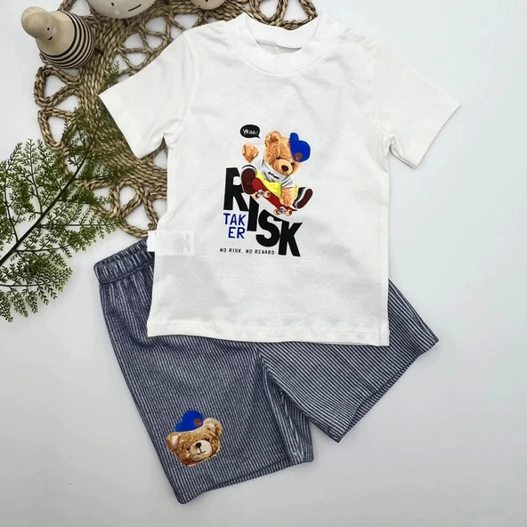 Lenaca 1-2-3 Yaş Kaykaycı Ayı Baskılı Şortlu Kısa Kollu Tişört 2li Erkek Bebek Takımı - 2