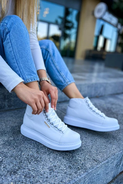Pabucmarketi Bağcıklı Kadın Sneaker Bot Beyaz - 1