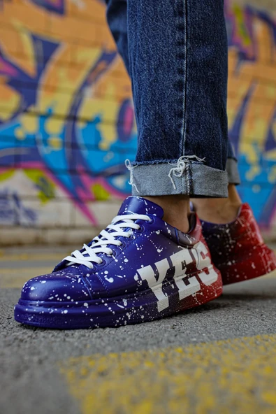 Pabucmarketi Bağcıklı Baskılı Erkek Spor Ayakkabı Mavi Kırmızı Yes - Resim 3