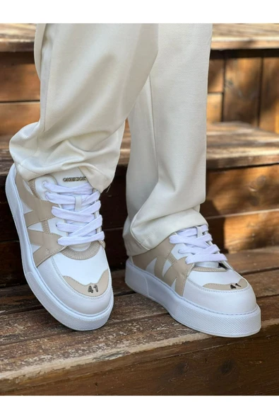 Pabucmarketi Bağcıklı Erkek Spor Ayakkabı Beyaz Bej - Resim 2