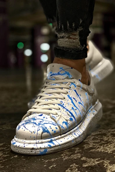 Pabucmarketi Bağcıklı Baskılı Erkek Spor Ayakkabı Mavi Püskürtme ürün görseli 1