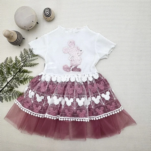 Lenaca 1-2-3 Yaş Payetli  Baskılı Brode Etekli Kız Bebek Elbisesi