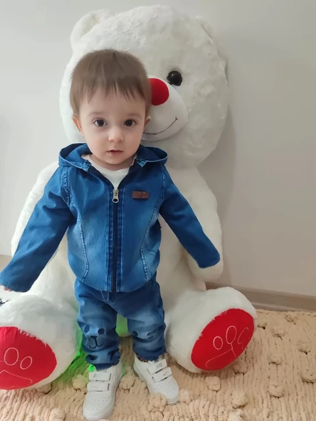 Lenaca 9-12-18-24 Ay Kot Kumaş Kapşonlu Uzun Kol Sweatli Kot Kumaş 3lü Erkek Bebek Takımı - 2