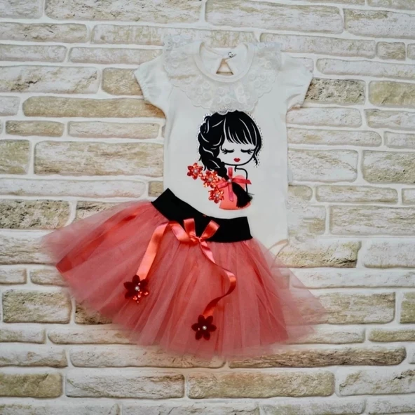 Lenaca 9-12-18 Ay Saçı Örgülü Kız Nakışlı Kurdelalı Kısa Kollu Tütü Etek 2li Kız Bebek Takımı ürün görseli 1