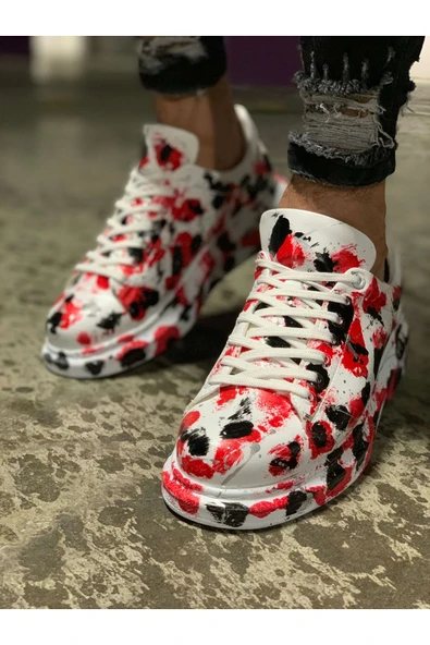 Pabucmarketi Bağcıklı Baskılı Erkek Spor Ayakkabı Beyaz Kırmızı Siyah - 3