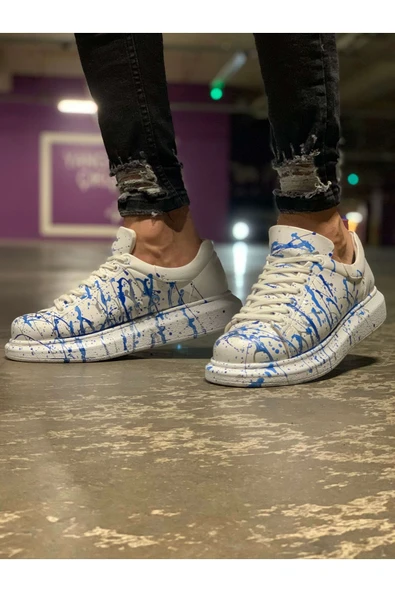 Pabucmarketi Bağcıklı Baskılı Erkek Spor Ayakkabı Mavi Püskürtme - Resim 2