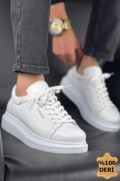 Pabucmarketi Bağcıklı Hakiki Deri Erkek Spor Ayakkabı Beyaz ürün görseli