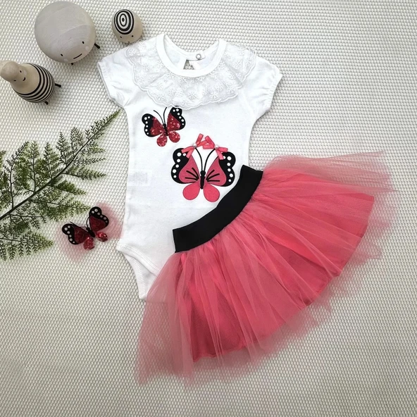 Lenaca 9-12-18 Ay Payetli Kelebek Nakışlı Taçlı Kısa Kollu Tütü Etek 3lü Kız Bebek Takımı ürün görseli 1