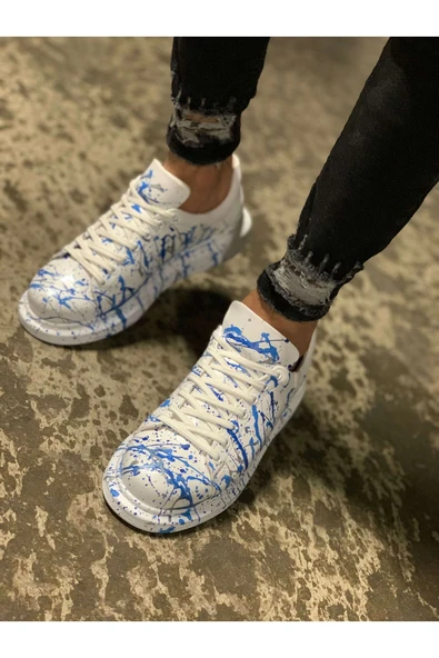 Pabucmarketi Bağcıklı Baskılı Erkek Spor Ayakkabı Mavi Püskürtme - Resim 3