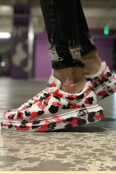 Pabucmarketi Bağcıklı Baskılı Erkek Spor Ayakkabı Beyaz Kırmızı Siyah