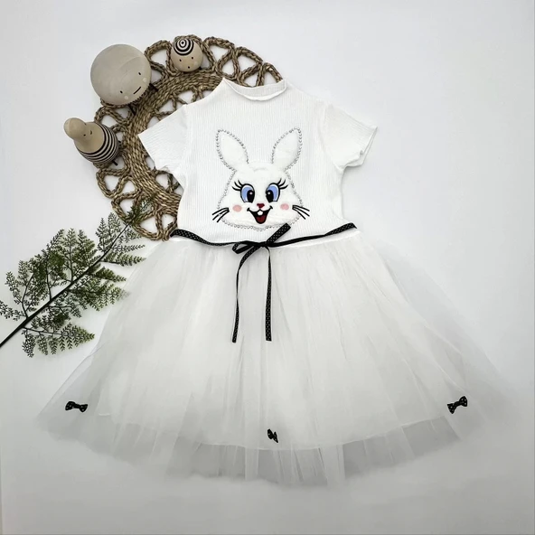 Lenaca 5-6-7 Yaş Payetli Tavşan Baskılı Kız Çocuk Elbisesi