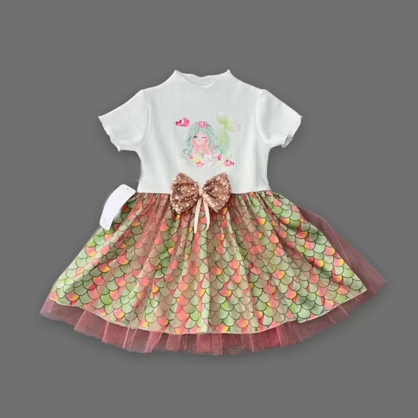 Lenaca 1-2-3 Yaş Denizkızı Baskılı Pul Desen Etekli Kız Bebek Elbisesi - 2