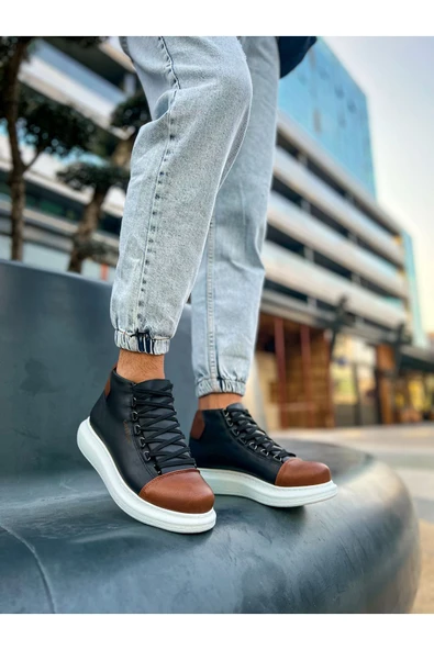 Pabucmarketi Bağcıklı Erkek Sneaker Bot Siyah Taba
