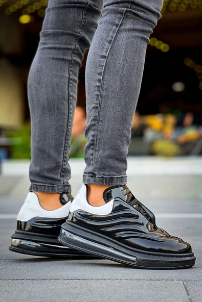 Pabucmarketi Bağcıklı Balon Taban Erkek Spor Ayakkabı Siyah Beyaz ürün görseli