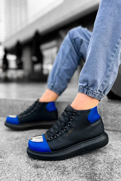Pabucmarketi Bağcıklı Erkek Sneaker Bot Siyah Saks Mavi
