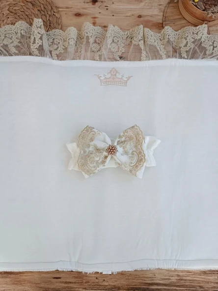 Lenaca Yenidoğan Beyaz Wool Yün Kumaş Taç Nakışlı Trilüks Kundak Bebek Battaniyesi - Resim 4