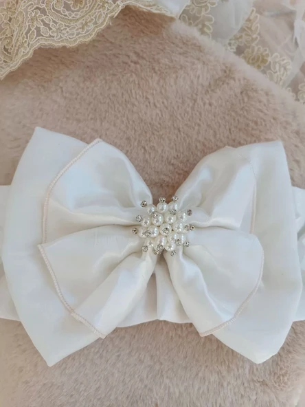 Lenaca Yenidoğan Wool Yün Kumaş Taç Nakışlı Güpür Duvaklı Fiyonk Prizma Taş Unisex Kundak Bebek Battaniyesi - Resim 6