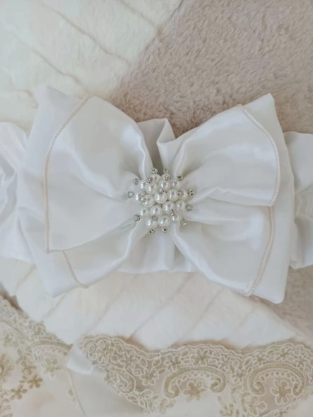 Lenaca Yenidoğan Wool Yün Kumaş Taç Nakışlı Güpür Duvaklı Fiyonk Prizma Taş Unisex Kundak Bebek Battaniyesi - Resim 7