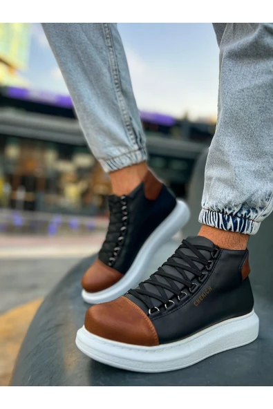 Pabucmarketi Bağcıklı Erkek Sneaker Bot Siyah Taba - Resim 4