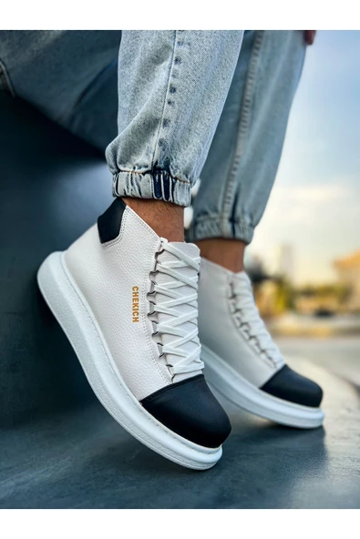 Pabucmarketi Bağcıklı Erkek Sneaker Bot Beyaz Siyah - Resim 2