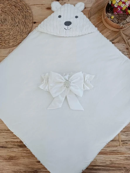 Lenaca Yenidoğan Beyaz Wool Yün Kumaş Ayıcık Kulaklı Kundak Bebek Battaniyesi - Resim 4