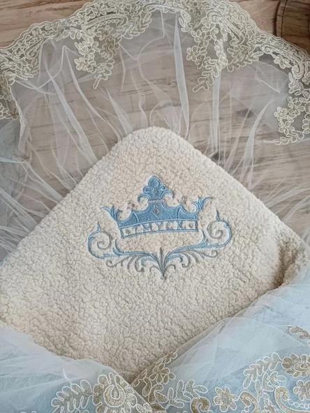 Lenaca Yenidoğan Kuzulu Taç Nakış Güpürlü Fiyonklu Duvaklı Prizma Taş Unisex Kundak Bebek Battaniyesi - Resim 6