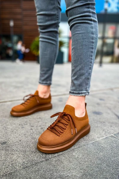 Pabucmarketi Bağcık Detaylı Triko Kumaş Erkek Spor Ayakkabı Kahve - Resim 3