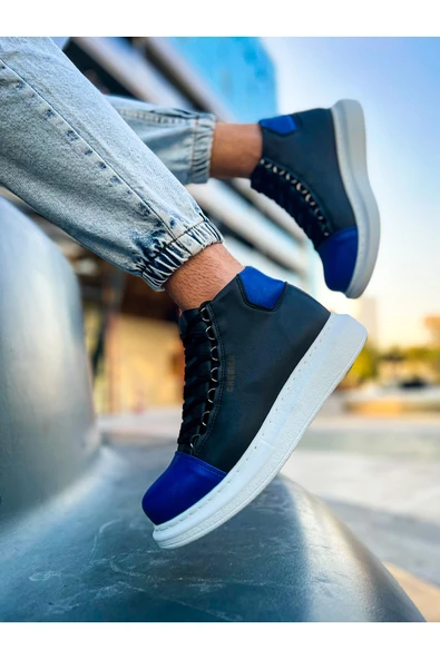 Pabucmarketi Bağcıklı Erkek Sneaker Bot Siyah Saks Mavi - 2